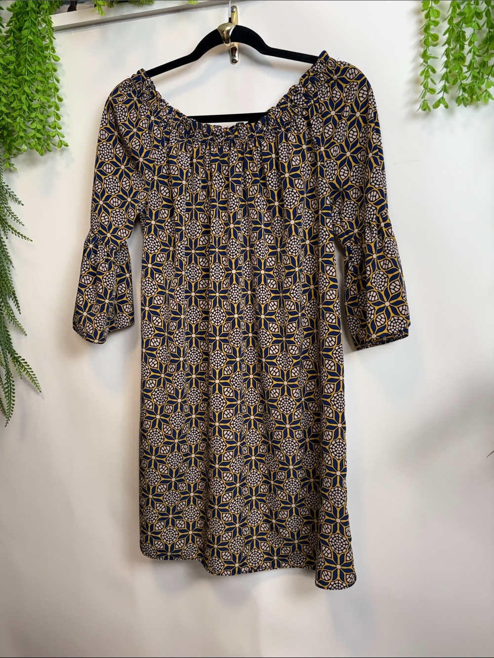 Soprano Navy and Mustard Geometric Off-Shoulder Midi Dress